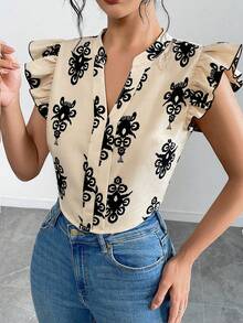 Elenzga Elegant Summer Shirt With Woven Print For Women - Apricot - View 6