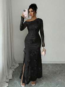 Rafferiza Đầm dài tay màu trơn dành cho nữ, phối lưới jacquard, cổ áo bất đối xứng và xẻ tà. - màu đen - Xem 6