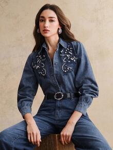 Anewsta Women's Romantic Glittery Embroidered Long Sleeve Shirt, Suitable For Valentine's Day Party And Vacation, Blue