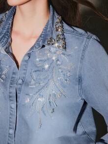 Anewsta Women's Romantic Glittery Embroidered Long Sleeve Shirt, Suitable For Valentine's Day Party And Vacation, Blue - Blue - View 3