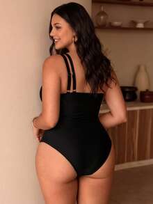 SHEIN Swim Chicsea Swim Chiccia 2026 新款优雅度假女士夏季沙滩性感黑色不对称单肩加大码连体泳衣 - 黑色 - 查看 6