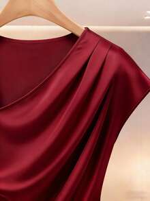 Franclia Women's Elegant Oblique Collar Fitted Zip-Up Waist Solid Red Valentine's Day Short Sleeve Versatile Blouse - Red - View 3