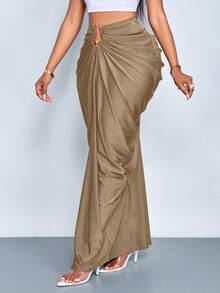 SOLERSUN 女士时尚纯色褶皱半身裙 - 摩卡棕 - 查看 6