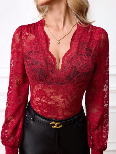 SHEIN Clasi Leopard Print Lace V-Neck Long Sleeve Bodysuit For Women Valentine's Day Valentine Outfits For Women   Spring Outfit Women Summer Outfits  Red Rose Lace Sequined Stretch Bodysuit, Valentine's Day Outfit, See-Through Sexy Stretch Long-Sleeved Cool Bodysuit.