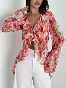 Firerie Women's Ruffle Tie Front Bell Sleeve Floral Print Chiffon Blouse - Multicolor - View 5