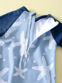 SHEIN Baby Boy/Girl Casual Vacation Starfish Pattern Color Block One-Piece Rash Guard Swimsuit, Long Sleeve Sun Protection Swimwear Suitable For Spring, Summer, Autumn, Winter Swimming, Surfing, Beach, Hot Spring - Blue - View 6