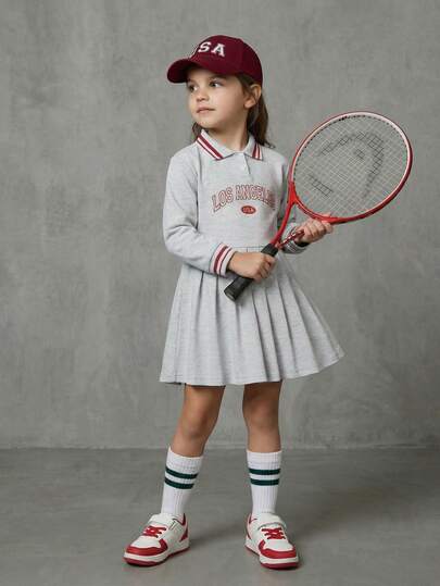 SHEIN Casuvi Kids Young Girl Casual School Sports Style Letter Print Contrast Striped Trim Polo Collar Pleated Hem Dress, Autumn/Spring Fall Winter