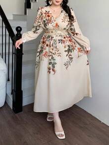 Dazy Plus Đầm maxi dáng chữ A cổ chữ V in hoa, thắt eo, kiểu dáng đi nghỉ mát, cỡ lớn, đầm mùa xuân/hè. - Màu be - Xem 4