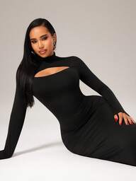 Radiana Women's Sexy Elegant Black Hollow Out Bust Fitted Dress, Black Turtleneck Dress, Long Dress, Casual Dress, Basic Dress, Suitable For Night, Date, Gathering, Cocktail Party, Evening Party, Banquet, Concert, Birthday, Party, Club, Formal Occasion, High Elasticity Knit Fabric, Fitted To Body And Accentuates Curves