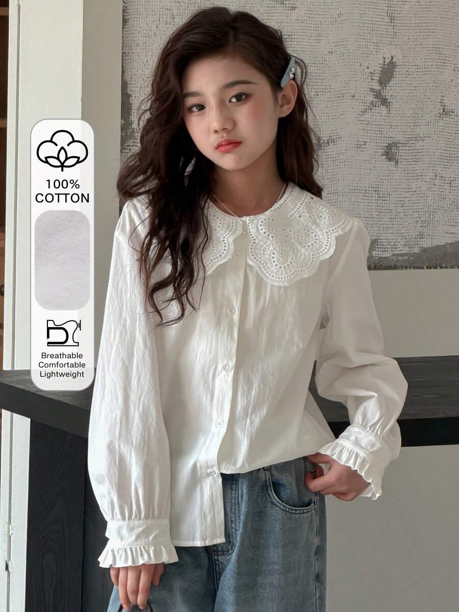 DAZY Tween Girls Lace Doll Collar Puff Sleeve Sweet Blouse Spring - White - View 1