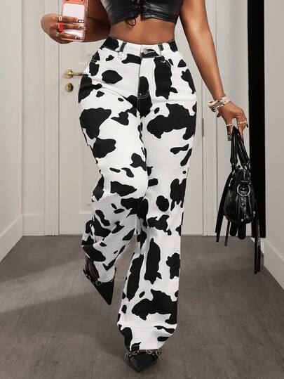 BamGleam Women's Casual Western Vacation Style Cow Print Straight Leg Jeans