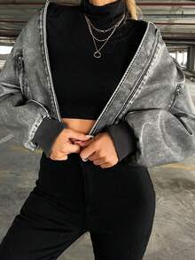 Aveloria Affinna 明线缝制落肩拉链PU皮革飞行员夹克 - 灰色 - 查看 6