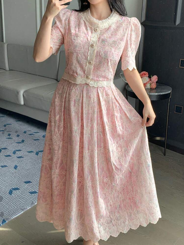 2pcs/Set French Elegant Polka Dot Lace Embroidery Dress, Fashionable & Chic Young Ladies Outfit Easter