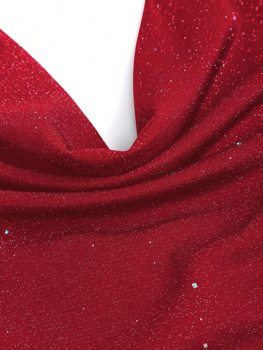 Sweetra Petite Top curto de malha metálica com lantejoulas e decote halter para mulher, top justo sexy com costas nuas, para mulheres petite 3
