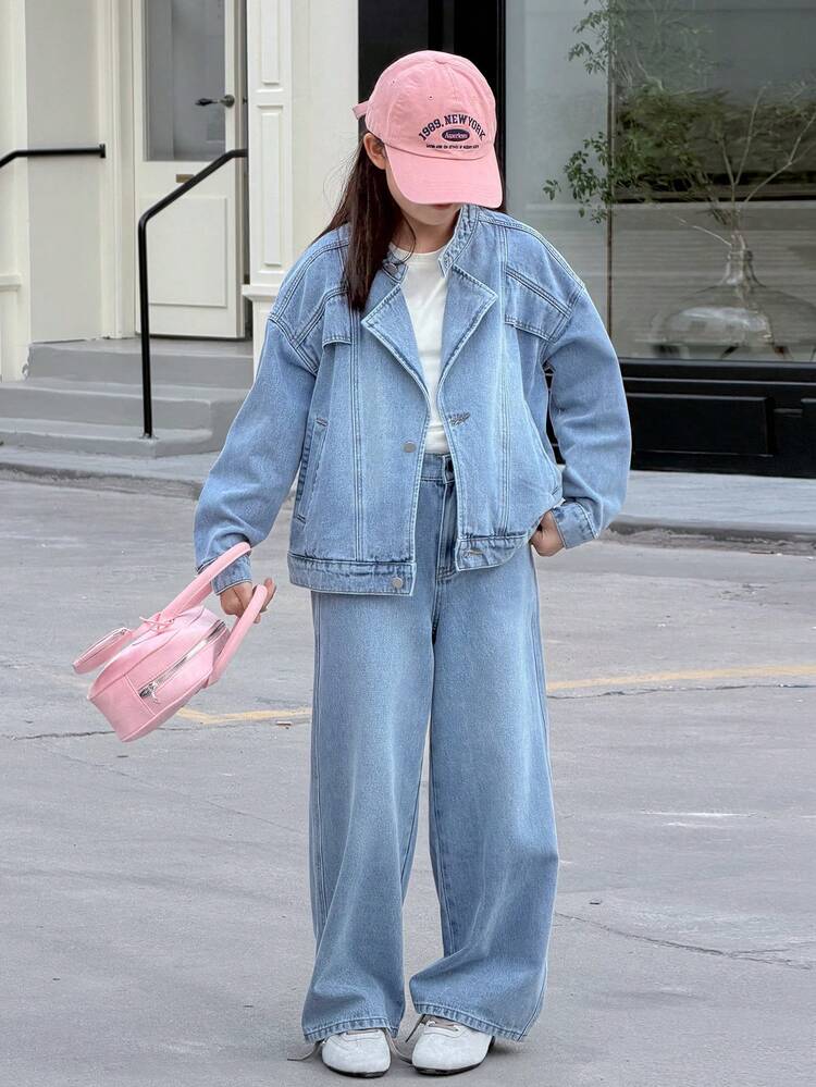 Tween Girls' Single-Breasted Denim Jacket And Pants Casual Outfit