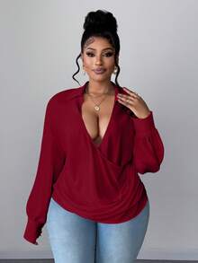 Maweii Áo kiểu dài tay cỡ lớn, thời trang, thanh lịch, đa năng, thích hợp đi làm, dễ thương. - Màu Đỏ Sâu - Xem 2