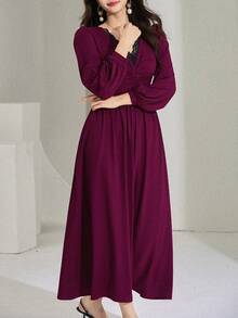 DAZY Damen elegantes Kontrast-Spitzen-V-Ausschnitt-Ballonärmel-Raffung-Taille-Midi-Kleid, Frühlings-/Herbst-Sommerkleid - Bordeaux - Übersicht 5