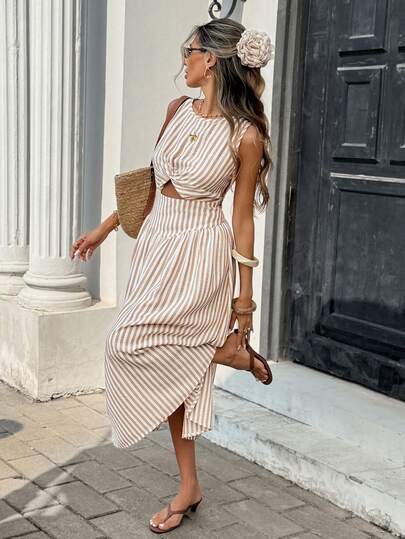 Serisse Women's Summer Casual Vacation Style Striped Print Hollow Waist Dress,French Summer Gentle Apricot Striped Cropped Waist Twist Knot Sleeveless Dress, Twist Design High Waist Slimming, Hot Seller For Summer Vacation/Outing,Striped Dress,Casual Long Dress,Casual Dresses For Women,Vacation Dresses,Elegant Long Dress,Birthday Outfits For Women,Going Out Outfits,Wedding Guest Dress For Women,Beach Dresses,Party Dresses For Women,Festival Dress,Summer Dresses