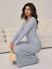 Aidyla Vestido longo feminino com detalhes em renda e textura, perfeito para o outono/inverno. - Cinza Azul - Ver 1