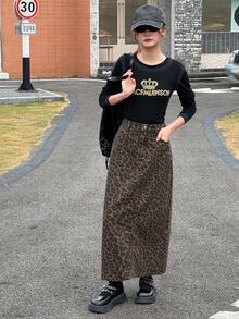 DAZY Teen Girl Leopard Print Slant Pocket Casual Denim Mini Skirt