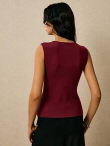 Poéselle Elegant Burgundy Women's Sweater Vest,Autumn Office Plain Knitwear Round Neck Casual Sleeveless Button-Front Top,Regular Length Maroon Tops For Women - Burgundy - View 6