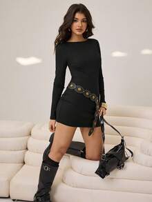 Aidyla Elegant Women's Black Bodycon Mini Dress With Long Sleeves And Round Neck - Black - View 5