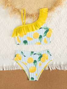 Young Girls Lemon Print Knit Asymmetrical Shoulder Ruffle 2 Pieces Bikini Set, Elegant & Conservative, Suitable For Vacation, Swimming, Beach, Summer  Lemon Swimsuit Kids Lemon Bathing Suit Girls Two Pieces With Ruffles Girls Swimsuit Two Piece Fruit Print Swimsuit Kids Lemon Two Piece Swimsuit Girls Girls Two Piece Swimsuit With Ruffles 2 Piece Set Summer Girls Kids Lemon 2 Piece Swimsuit Girls Ruffled Swimsuit Girls Lemon Swimsuit Girls 2 Piece Swimsuit Ruffled Collar Swimsuit Girls Girls 2 Pi - Multicolor - View 6