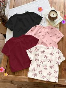 4件套女婴休闲简约蝴蝶结圆领短袖T恤，四季皆宜 - 米白色、红色、米粉色、黑色、复古豹纹蝴蝶结、迷你波点蝴蝶结 - 彩色 - 查看 2