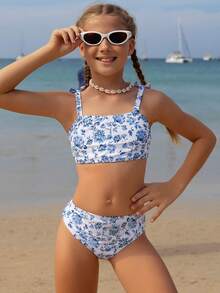 Teen Girls Cute Digital Print Knit Fabric Bowknot Strap Bikini Set Two Piece Swimsuit Teen Girls Two Piece Bathing Tween Girls Tween Floral Swimsuit High Waist Swimsuit Set Gurls Teen Two Piece Summer Swimsuits Two Piece Teen High Waisted Bikini Summer Two Piece Girls Teen Two Piece Summer