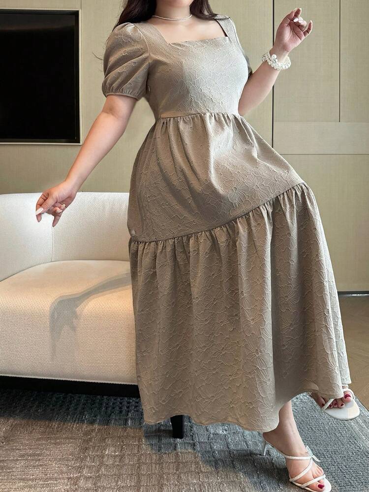 Dazy Plus Plus Size Women's Square Collar Puff Sleeve Waist Cinched Elegant Long Party Dress, Spring/Summer Sundress