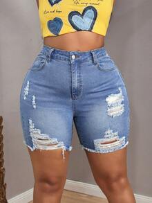 Slaydiva Plus Size High Waist Distressed Frayed Hem Skinny Denim Shorts - Blue - View 3