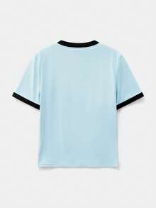 SWAVVY 男士休闲标准版型宽松短袖T恤，蓝色，撞色领口和袖口 - 藍色 - 查看 6