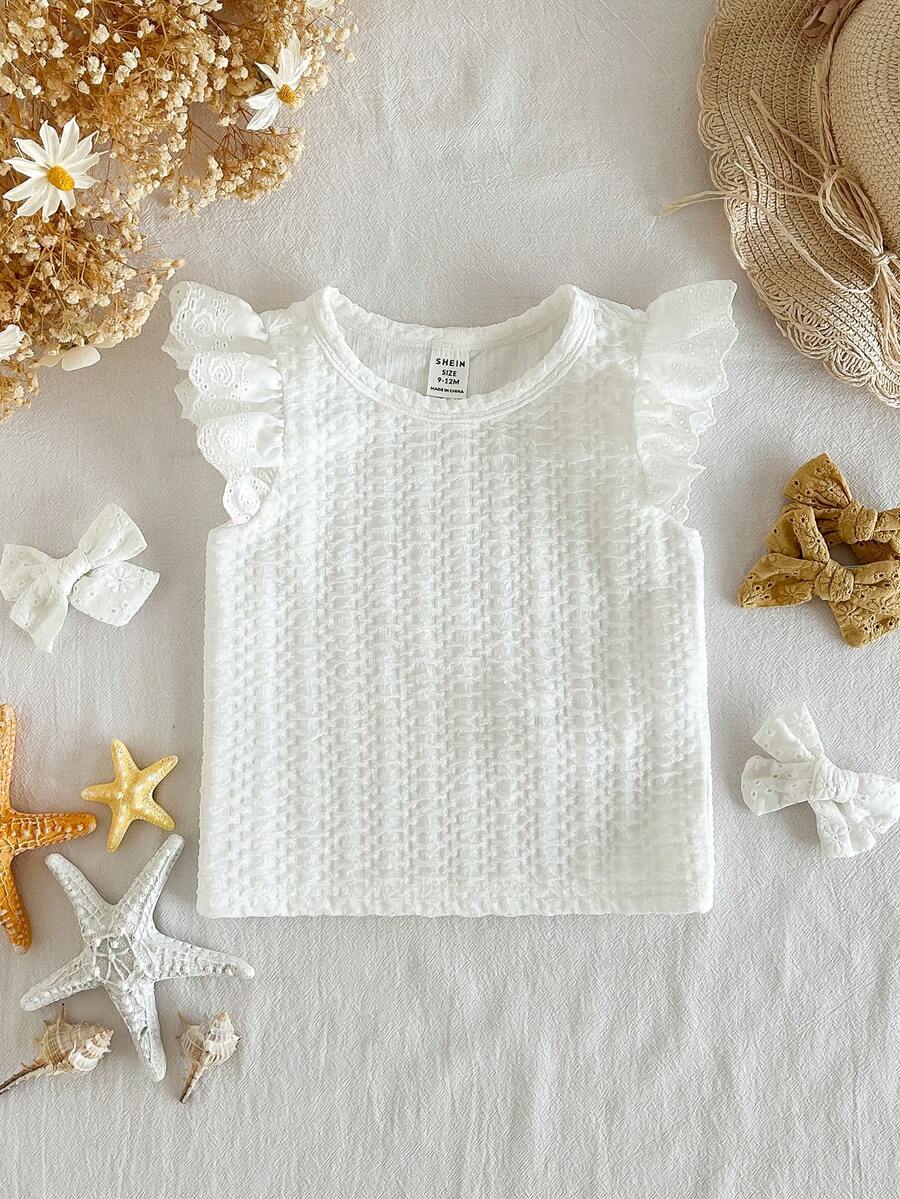SHEIN 女婴可爱休闲夏季百搭白色针织荷叶袖T恤
