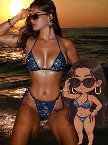 Swim SXY 两件套亮片刺绣性感蕾丝挂脖系带比基尼套装，含丁字裤，饰有渐变珠饰，大胆时尚的沙滩派对泳装，适合女性穿着。 - 藏蓝色 - 查看 8