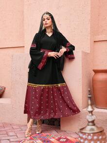 Al Najma Solid Color Patchwork Geometric Print Waist Cinched Dress With Belt - Multicolor - View 6