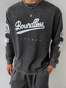 Aesthetic Post Men's Letter Print Round Neck Casual Versatile Long Sleeve T-Shirt - Black - View 1