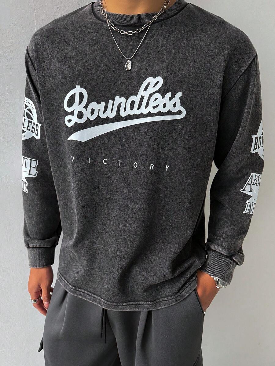 Aesthetic Post Men's Letter Print Round Neck Casual Versatile Long Sleeve T-Shirt - Black - View 1