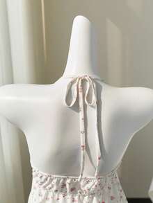 Elamini Yellow Ditsy Floral Hollow V-Neck Sexy Backless Camisole Top, Sweet & Charming, Spring/Summer - Multicolor - View 4