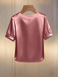 Franclia 女士优雅圆领珍珠装饰长袖T恤，适合通勤 - 粉色 - 查看 2