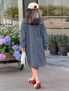 DAZY 少女海军蓝翻领长袖直筒宽松休闲牛仔连衣裙 - 藍色 - 查看 5