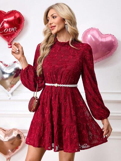 SHEIN Clasi 优雅派对纯色提花灯笼袖连衣裙