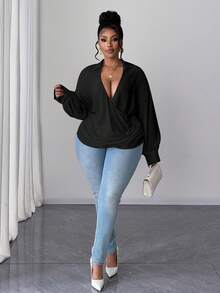 Maweii 大码长袖时尚优雅通勤百搭甜美衬衫 - 黑色 - 查看 4