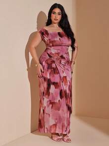 SHEIN BAE Đầm dài xếp ly in họa tiết dành cho nữ cỡ lớn - Nhiều màu - Xem 4