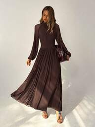 Aloruh Vestido de manga larga con cuello alto, bajo acampanado, color café, para otoño/invierno