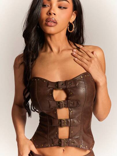 Radiana Women's Sexy Vintage Coffee Brown Metal Rivet Decor PU Bandeau Top, Cold-Shoulder Top, Distressed PU Top, Leather Rivet Top, Fashionable Cropped PU Top, Metallic Punk Style Top, Y2K Fashion, Suitable For Gatherings, Parties, Concerts, Clubs, Nightclubs, Music Festivals, Holidays