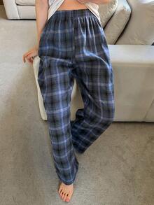 Livesso 女士休闲日常弹力腰格子家居裤 - 藍色 - 查看 6