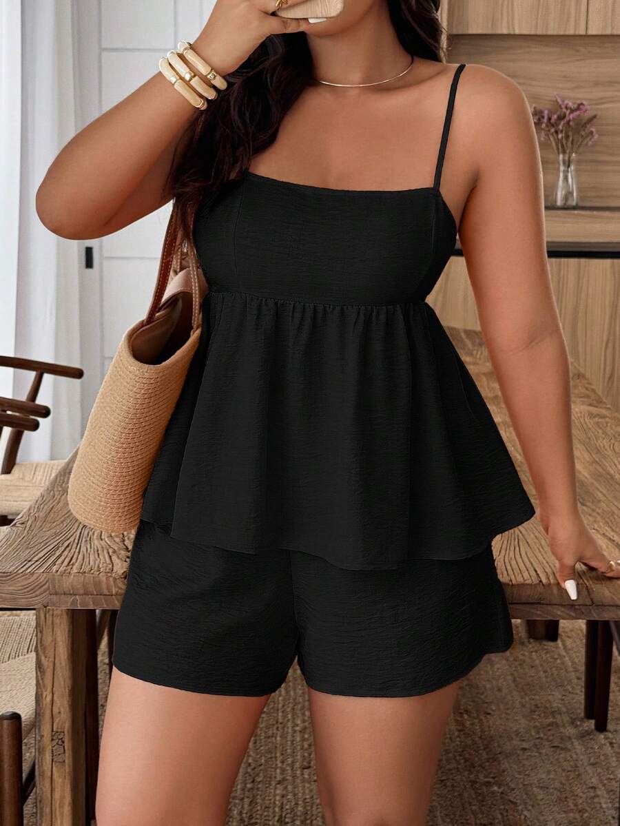 Weeklong Plus Size Solid Color Camisole And Shorts Casual 2 Pieces Set - Black - View 1
