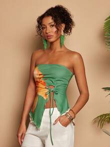 Travachic Floral Print Ruched Twist Front Sleeveless Vacation Crop Top - Green - View 6