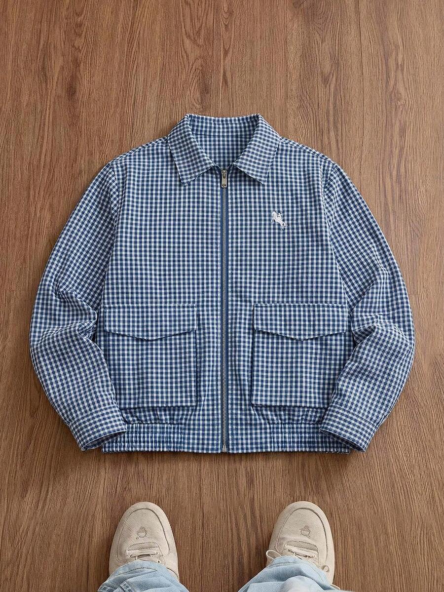 Manfinity Unisex Men's Fashion Plaid Embroidered Jacket Summer Jacket Plaid Jacket Men Crop Men S Shirt Men Jacket Cropped Jacket - Blue - View 1