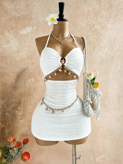  Soleia Women's Vacation Sexy V-Neck Starfish Metal Decor Tie-Neck Backless Textured A-Line Hollow Mini Dress, Suitable For Holiday, Date, Afternoon Tea, Music Festival, Boho Vacation, Hippie, Western Style, Can Be Worn Inside Or Outside, All Season,White Dresses For Women Beach Dress Beach Vacation Dress Sexy Vacation Dress Halter Neck Dress Summer Dress